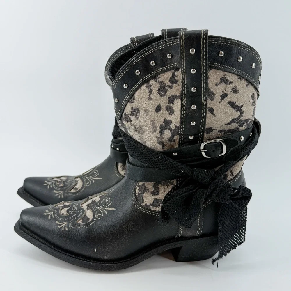 Rockin Country RC5006 Black Leather Studded Bow Western Boots 7.5M Rodeo Cowgirl